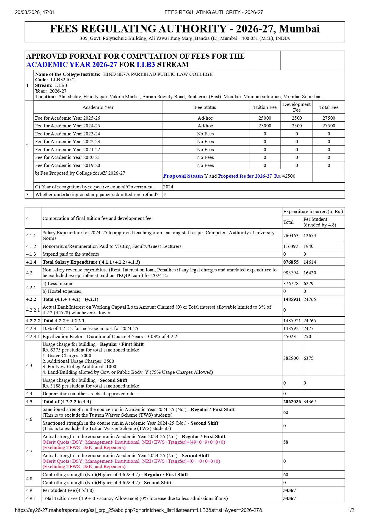 LLB 3 Years Fees Structure 